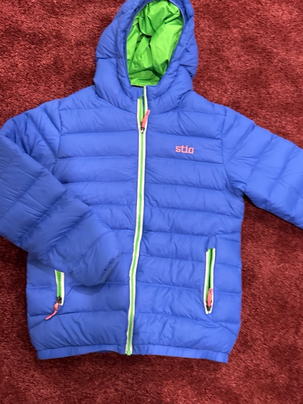 Stio Blue Hooded Puffer Jacket with Lime Green Accents